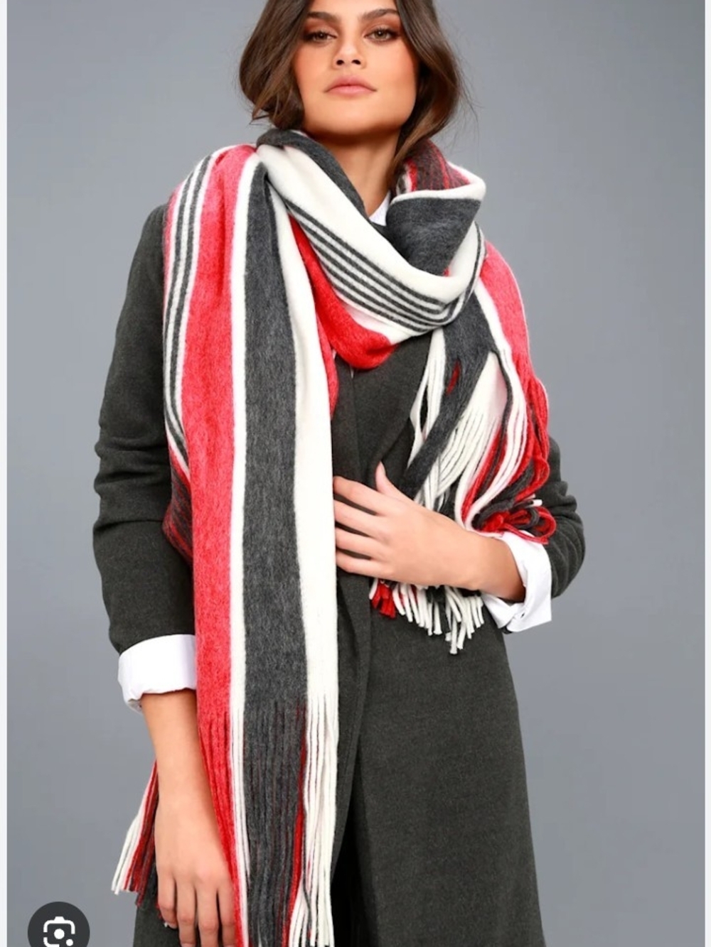 Free People Kolby Red, White & Gray Striped Fringe Wrap Scarf